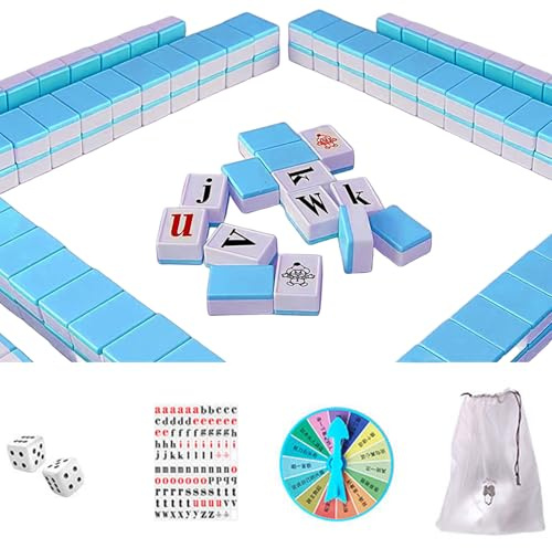Hperu Alphabet Mahjong Tile Set Interactive Mini English Letter Mahjong Game Set Éducatif Enfants Jeu de Société Jouets pour Adultes et Adolescents, 108 Tuiles, Bleu -