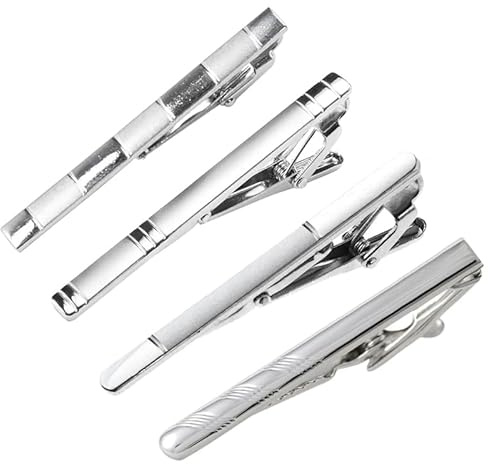 Vmoomax 4Pcs Men’s Tie Clips Set, Classic Silver Metal Tie Bar Clips, Elegant Pinch Tie Bars for Business, Weddings, Graduations, Daily Use