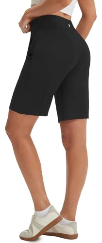 baleaf Women's Bermuda Long Shorts 9 High Waisted with Zipper Pockets Knee Length Shorts for Seniors Women Walking Travel Athletic Running Hiking Workout Black M