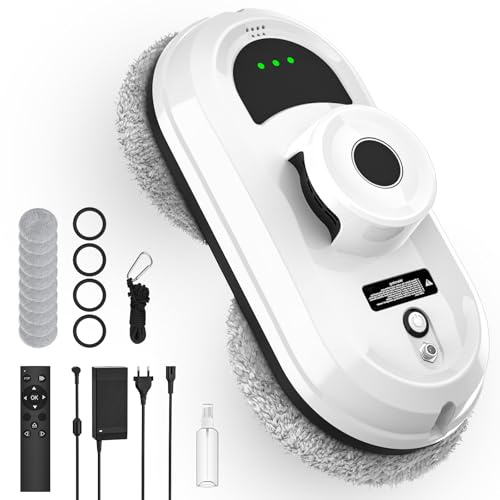 Robot Nettoyeur Vitres, 5600Pa Robot Laveur de Vitre Automatique avec Pulvérisation D'eau Automatique, 3 Modes de Nettoyage, Télécommande, Système de Sécurité, Navigation Intelligente ＆10 Chiffon