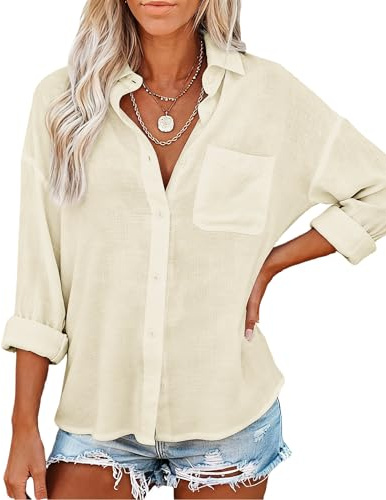 Womens Button Down Shirts with Pockets Long Sleeve Linen Feel Cotton Casual Blouses Loose Fit Summer Tops Apricot