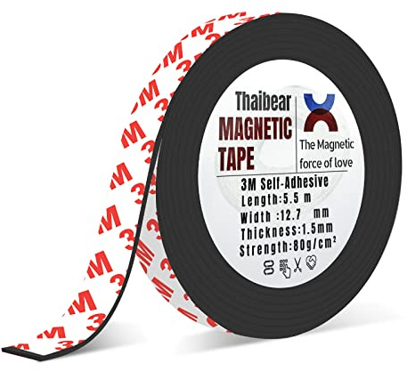Thaibear Magnetic Tape Self Adhesive, Flexible Magnet Tape Strips Roll (12.7mm Wide x 5.5m Long) with Strong 3M Adhesive Backing, Perfect for DIY, Art Projects, whiteboards & Fridge