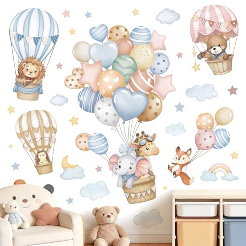 wondever Adesivi Murali Acquerello Mongolfiera Animali Sticker da Muro Palloncini Coniglio Elefante Giraffa Orso Adesivi da Parete per Camerette Bambini Asilo Nido