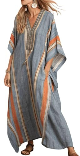 Vestido Largo Mujer Verano 2026 - Caftán Bohemio Ropa de Playa Túnica Cuello En V Suelto con Bolsillos Algodón Lino Tallas Grandes Informal Estampado Étnico Vintage Vacaciones Señora de Fiesta