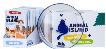 Animal Island Set med Glasfat Komplett Våt Kattmat för Kattungar Kalkon med Kalvkött i Buljong Everyday Fiskolja Inulin Fileér Påsar, 12 x 85g