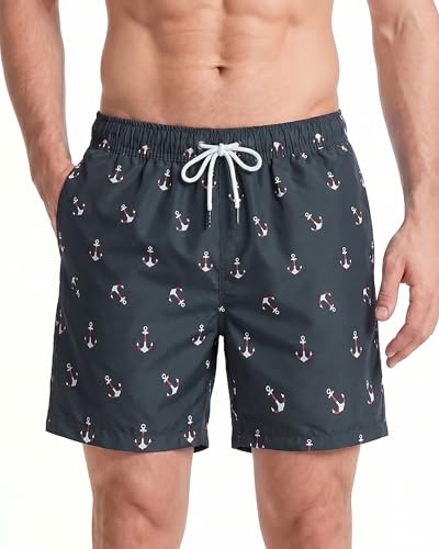 maamgic Costume Uomo Mare Asciugatura Veloce Costume da Bagno Uomo Pantaloncini da Bagno con Fodera in Mesh e Tasche per Piscina Nuoto Sportivi, Ancora Nero, M
