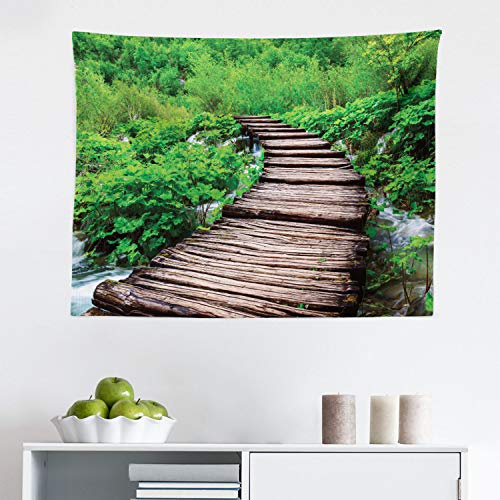 Ambesonne Forest Tapestry, Pathway in Pond over the Lake Natural Life Rainforest's into the Wild Realistic Art, Fabric Wall Hanging Decor for Bedroom Living Room Dorm, 28 X 23, Brown Green