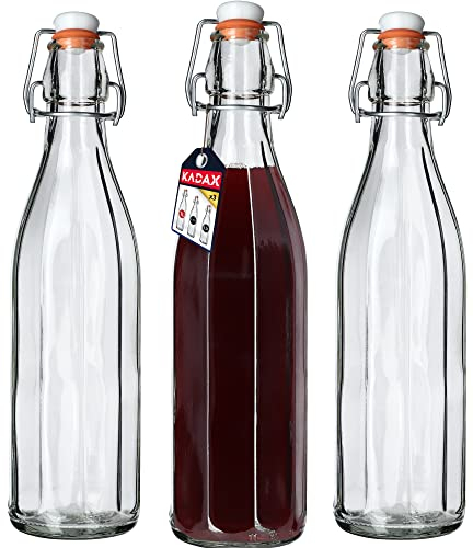 KADAX Bouteille en Verre de 1L avec Bouchon Hermétique pour la Conservation des Boissons, Parfaite pour le Kombucha et la Limonade (Lot de 3)