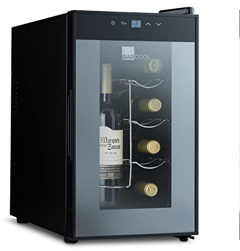 Barcool VINO8 – Table-Top Wine Fridge Black | 5-18°C | Wine Cooler | LED + Digital Display | Glass Door Drinks Cellar | Single-Zone (8 Bottle)