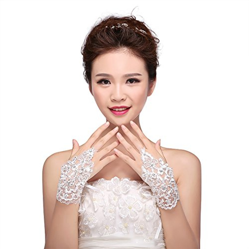 Gants Mariage Blanc Gant Déguisement Femme Mitaines Court Exquis Gants en Dentelle avec Lacet Accessoires Robe Manches Mariée Wedding Soirée Banquet Performance Cérémonie Halloween