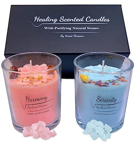 GreatDreams® Set 2 Velas Aromáticas Curativas con Piedras Naturales - Velas Decorativas Sin Parafinas y Hechas a Mano - Juego De Regalo De Vela Perfumada Para Mujer - Regalos Originales para Mujer.
