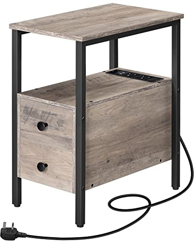 HOOBRO Side Table, Narrow Bedside Table with Charging Station, USB Ports and Power Outlets, Slim Side Table for Small Spaces, 2 Drawers, Industrial Nightstand, Greige and Black EBG548KBZ01G1