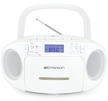 Emerson - Reproductor de CD portátil con Reproductor de Cassette, grabadora de Cinta, Radio Am/FM, AUX, Conector para Auriculares, Altavoces duales, AC/DC y Funciona con Pilas, Sistema estéreo para