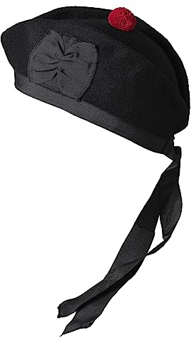 YAS Designer Glengarry Cap - Sombrero tradicional escocés, accesorios de lana para faldas y gaitas 100 % lana pura, cinta de algodón de poliéster (6 1/2 (52 UK), color negro, Negro Liso, 53