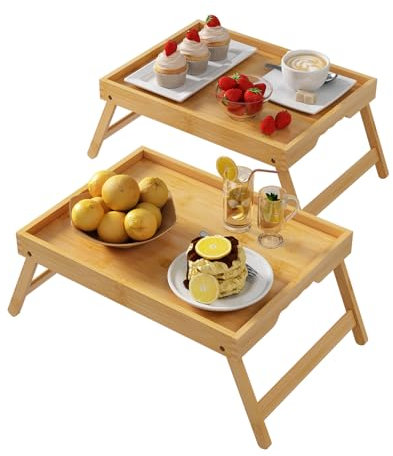 Youpehom Bed Tray Table with Folding Legs,Bamboo Breakfast in Bed for Kitchen Serving Tray,Sofa,Eating,Used As Laptop Desk Snack Tray 2 Pack (Bamboo)
