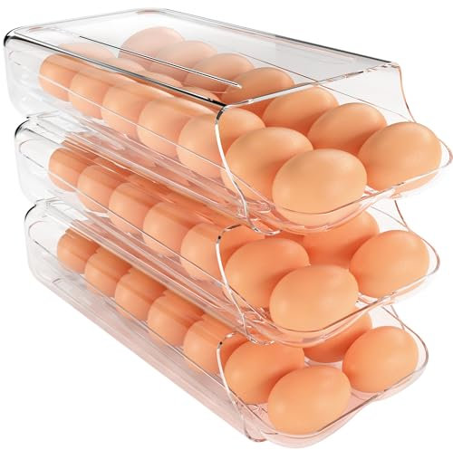 Theaoo Soporte para Huevos de Nevera - Contenedor Rodante Automático, Dispensador de Plástico Transparente, Organizador Apilable con Bandeja Interior para Refrigerador