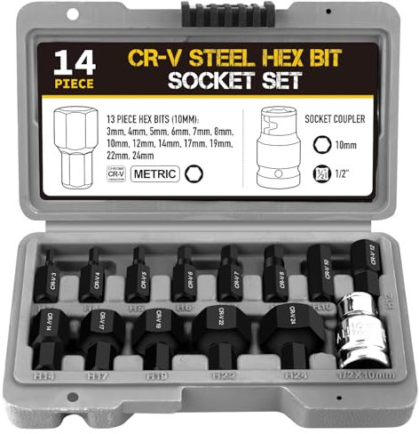 14 Piezas Juego de Llaves de Vaso, Juego de Puntas Hexagonales, Vaso Allen Broca 3, 4, 5, 6, 7, 8, 10, 12, 14, 17, 19, 22, 24 mm, Juego Llaves de Vaso para Llave Eléctrica, Llave de Carraca (1)