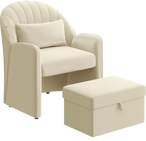 Yaheetech Sessel mit Hocker mit Stauraum, Bequemer Ohrensessel Wohnzimmer mit Rückenkissen, Relaxsessel Samt in Blütenblattform, Lounge Sessel für Büro/Schlafzimmer, Beige