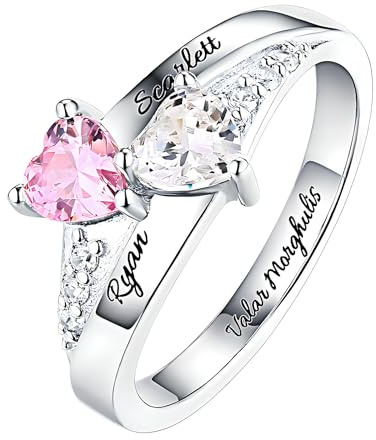 Bague de promesse personnalisée pour elle - bagues personnalisees - double coeur gravé avec 2 pierres de naissance en argent sterling 925 - Cadeau mariage anniversaire - Bague Noms graves
