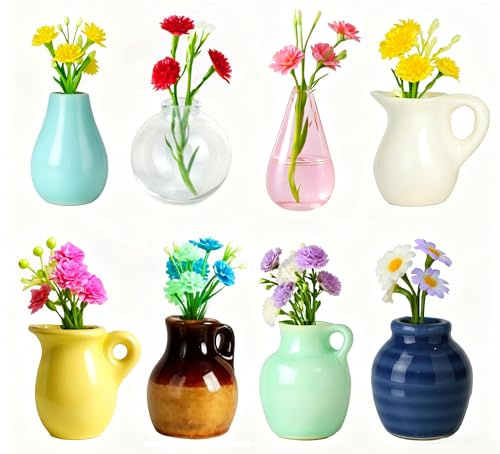Renmxj 8 imanes de nevera – Bonitos mini imanes de cerámica para nevera con flores artificiales, divertido imán de jarrón pequeño para decoración de nevera, oficina, cocina, taquilla, pizarra blanca