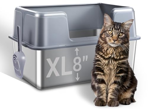 Stainless Steel Cat Litter Box with Lid, 23.7 L x 15.8 W x 13.8 H XL Metal Kitty Litter Box for Big Cats, High Sided Enclosure, Non-Sticky, Anti Urine Leakage, Easy Cleaning