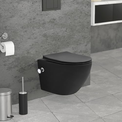 LuxeBath Wand WC Spülrandlos mit Bidet-Funktion, Schwarz matt, Tiefspüler Tornadospülung Keramik Hänge WC kurz 49cm, Dusch WC Softclose-Klodeckel abnehmbar, Kloschüssel Hängend WC-Sitz Absenkautomatik