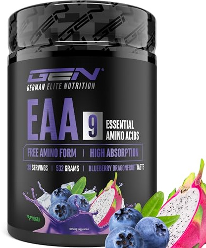 Polvo de EAA 532 g (38 porciones) - Los 9 aminoácidos esenciales incl. histidina y BCAA - Fórmula Human Code - Vegano - Muy soluble - Refrescante bebida de aminoácidos (Blueberry Dragonfruit)