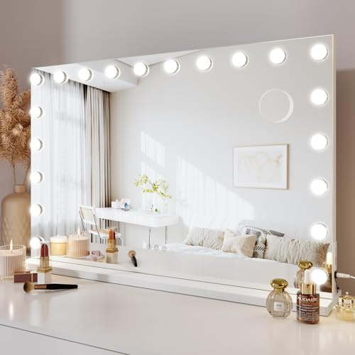 Dripex Espejo Maquillaje con Luz Grande, 90 x 60 cm, 20 Bombillas LED, Dimmables 3 Colores de Luz, con Espejo de Aumento 5X, para Pared o Mesa