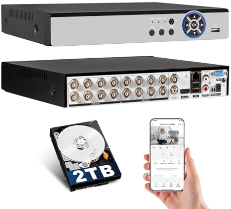 KERUI Grabadora de seguridad de 16 canales DVR 16CH 5MP Grabadora de video de vigilancia H.265+ híbrido 6 en 1 AHD/TVI/CVI/CVBS/IP/XVI cámara DVR con detección humana, grabación 24/7 (con disco duro