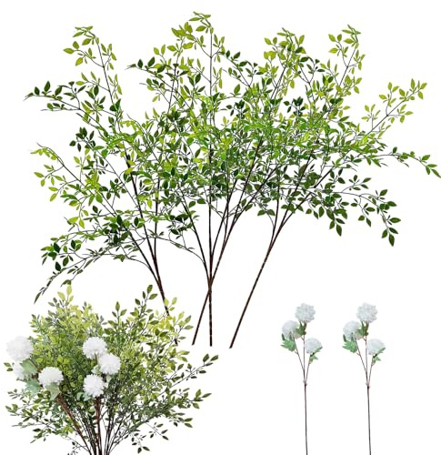 Vndnsy 4 branch 41.34 Green Nandina Faux Branches and 2 branch 25.98 White imitation silk chrysanthemum artificial flowers. For Wedding Shop Garden Office Home Décor Vase Indoor Kitchen etc.