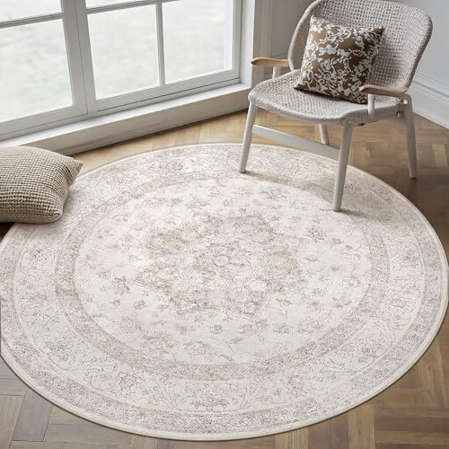 PureCozy Taupe Vintage Rund Matta 240cm Halkfri Tvättbar Mattor | Sovrum,Kort Lugg Rug,Runda Golvmatta,Vardagsrum Rugs,Inomhusbruk Sovrumsmatta,Matsal Carpet,Kontor Carpets,Barnrum