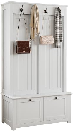 Armadio Guardaroba da Ingresso con MDF, Ante Scorrevoli Salvaspazio e Ganci Appendiabiti, Mobile Guardaroba con Scarpiera Integrata, adatto a Ingresso e Corridoio, Bianco, 100 x 50 x 180 cm