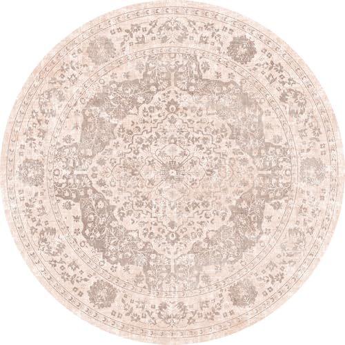 TUKDAK Vintagematta, vardagsrum, rund 160 cm, rosa orange, halkfri, tvättbar, rund matta, sovrum, boho kort lugg, runda mattor, mjuk barnmatta för barnrum