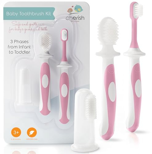 Cherish Baby Care Baby Zahnbürste, Kinderzahnbürste & Fingerling in einem Set (3-24 Monate) - Sicherheitsgeprüft & 100% BPA-frei, Aus Lebensmittelechtem Silkon (Rosa)