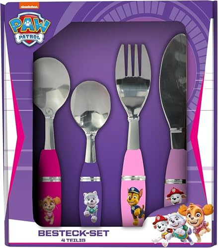 Paw Patrol p:os 33792 - set di posate per ragazze, bambini in 4 pezzi acciaio inossidabile con manici plastica, coltello, forchetta, cucchiaio da minestra e dessert