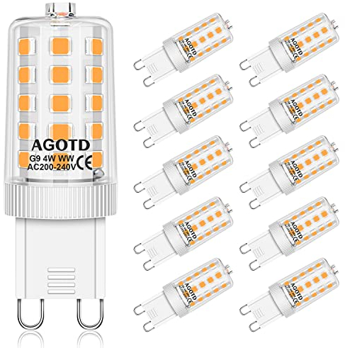 AGOTD Ampoule LED G9 4W, équivalen 40W halogène, 400LM Blanc chaud 2700K, 220-240V NON-Dimmable, Économie d'énergie, Base en céramique, Culot G9 Standard, Lot de 10