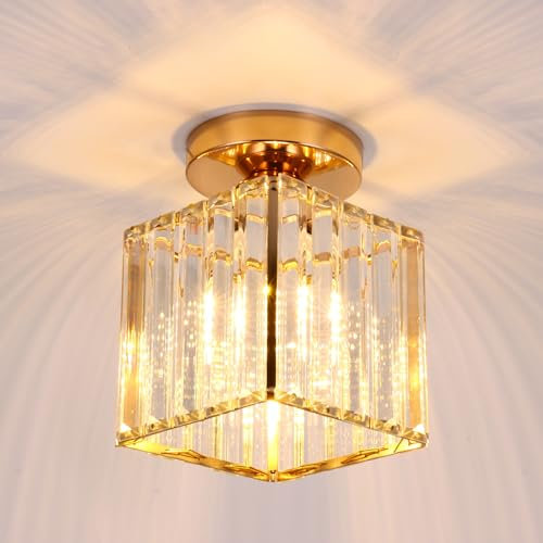 Kinberry Crystal Ceiling Light - E27 Semi-Flush Ceiling Lamp for Ceiling Lights Living Room, Chandeliers Ceiling Light, Bedroom, Kitchen, Hallway & Office(Gold)