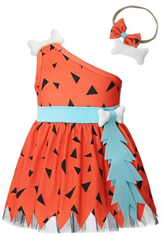 Lito Angels Vestito Costume da Ciottolina Flintstones con Osso Fascia per Carnevale per Bambina Taglia 4 anni, Arancia