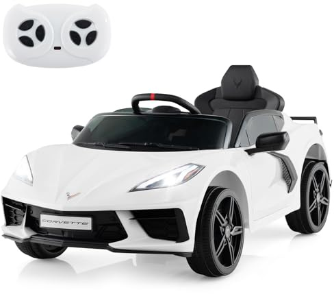 COSTWAY 12V Electric Kids Ride on Car, Licensed Chevrolet Corvette 2 Motors Toy Car with Remote Control, Wireless Connection, Lights, Horn, Music, Gift for Boys Girls Aged 3+ (White)