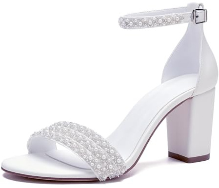 WeFloHsL Women's Pearls High Block Heel Bridal Sandals Open Toe Ankle Strap Party Wedding Dress Prom Shoes,White,5.5 UK
