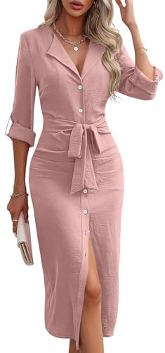 ORANDESIGNE Vestito Camicia Donna Elegante Lungo con Bottoni Davanti Slim Fit Manica Lunga Camicetta Blusa Dderente Abito Cerimonia Curvy Midi Cocktail Vestitino al Ginocchio Rosa XS