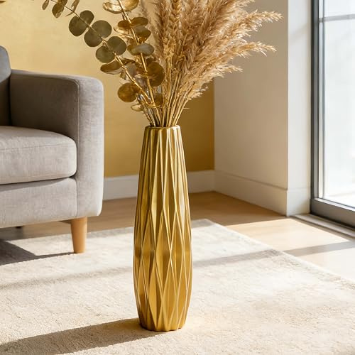 TDIAVH Gold Tall Ceramic Floor Vase, 17.7 Inch, Ribbed Design