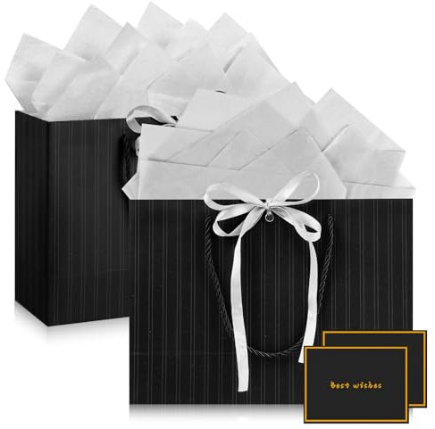 Mifferer Geschenktüte für Geschenke, mittelgroße Geburtstags-Geschenktüte, schwarze Papiertüten, für Damen und Herren, Geschenktüte mit Griffen für Geburtstag, Valentinstag, Feiern, Party, Hochzeit,