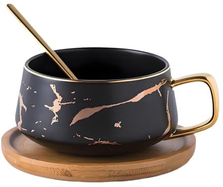 LJYING Ceramic Coffee Tea Cup with Bamboo Saucer and Spoon 300ML Porcelain Tea Cup and Saucer Set Coffee Mug (1, Black)