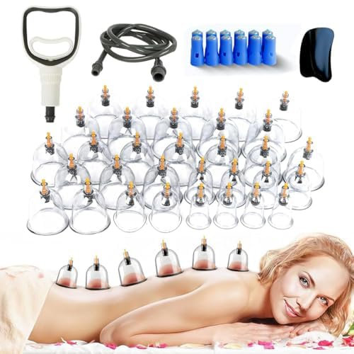 Lot de 32 ventouses en verre avec pompe à vide, kit de massage avec grattoir à fascia, aimants acupression bras, jambes, dos, épaules (32 tasses)