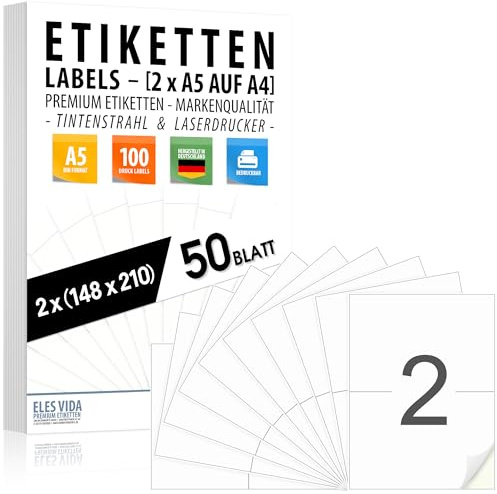 50 ark självhäftande DIN A5-etiketter (100 etiketter) - 2 per A4-ark 210 x 148 mm, utskrivbara, matt vit, kompatibla med bläckstråle- och laserprintrar, för många användningsområden - MADE IN GERMANY