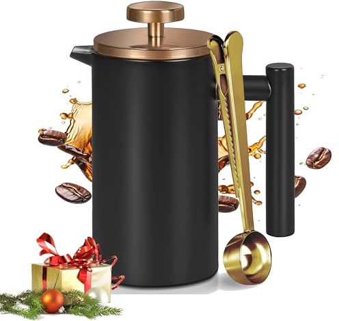 Wrobic Svart mini French Press kaffebryggare 350 ml, enkel kopp French Press med roséguld lock (1 kopp kompakt resestorlek) diskmaskinssäker