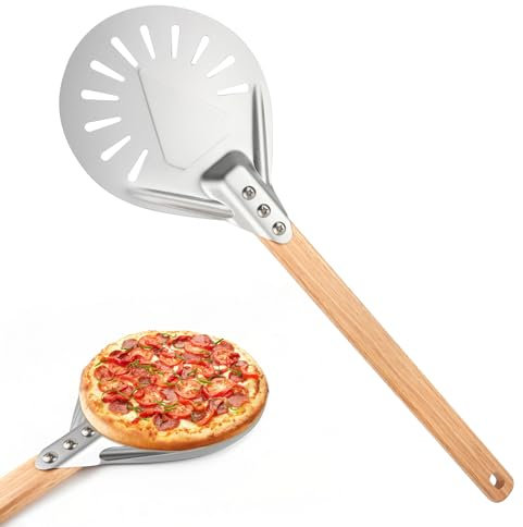 QOUBNIC Perforierte Pizzaschaufel, 7 Zoll Aluminium Rund Pizzawender mit Abnehmbarem Griff, Pizzaschieber Pizzapaddel für Pizza, Brot, Kuchen, Torten