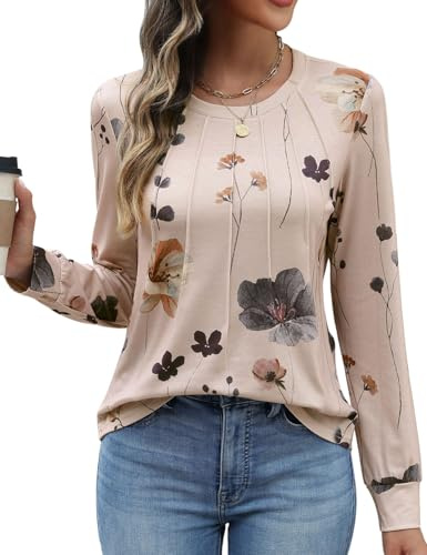 PASUDA Chemisier Femme Manches Longues Tops Chic et Élégant T Shirts Col Rond Pullover Hauts Casual Chemisier Coton Tunique Imprimé Tee Blouse(Fleurs Brunes,XXL)
