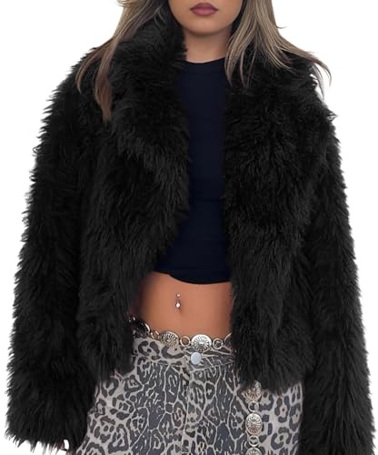 Yimoon Womens Faux Fur Coat Cropped Fluffy Fur Jacket Long Sleeve Lapel Collar Winter Fuzzy Shaggy Short Coat(Black-M)
